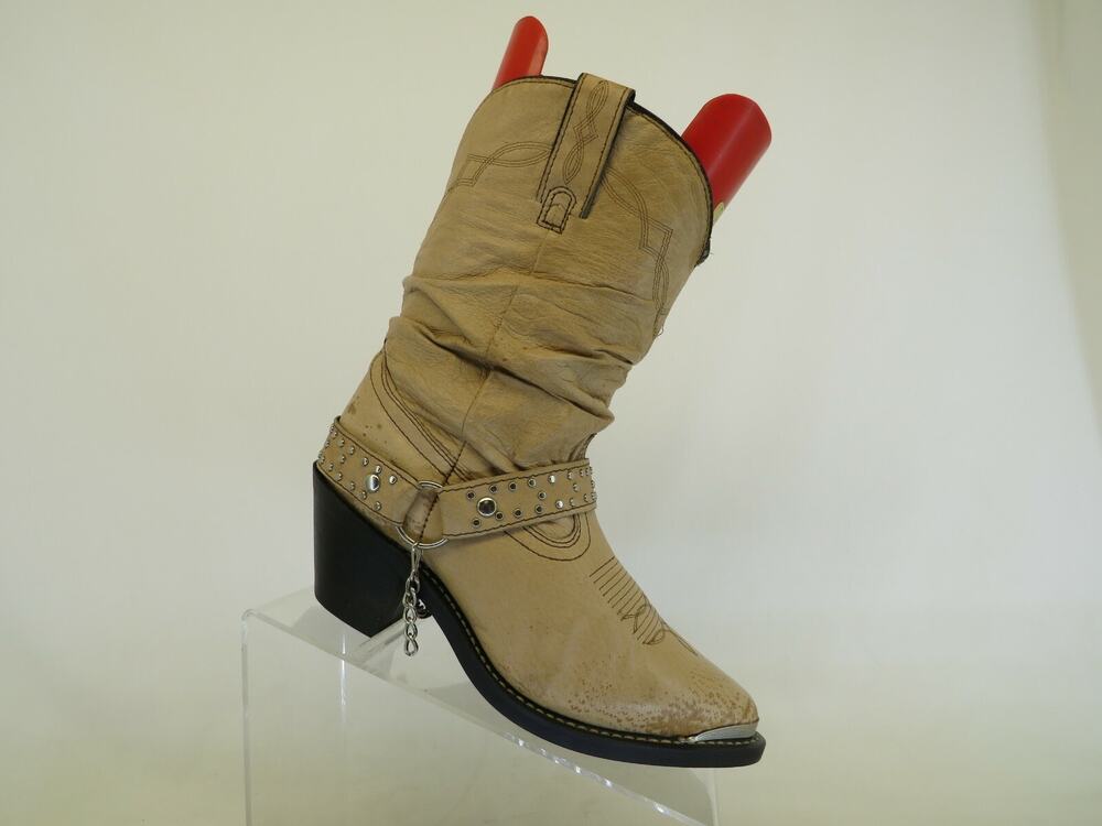 Shyanne Brown Leather Harness Slouch Studded Cowboy Western Boots Womens Sz 7 M